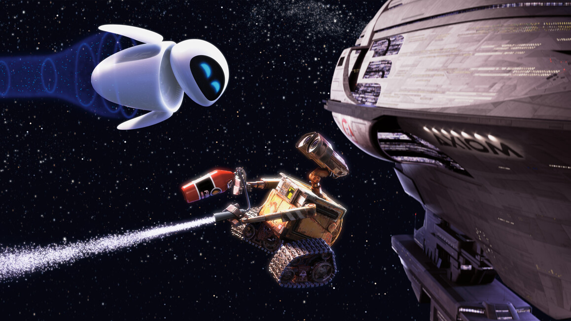 Die beiden Roboter Wall-E und Eve sind im Weltraum dargestellt.  