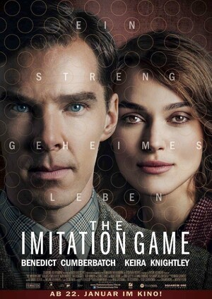 Auf dem Filmplakat sieht man die beiden Wissenschafler Alan Turing und Joan Clarke, sie blicken beide direkt in die Kamera. 
